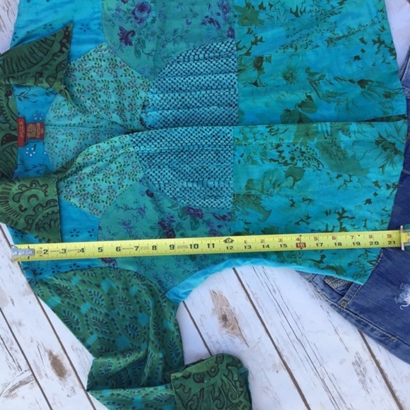 Green Blue Patchwork Floral Embroidered Blouse Top - Picture 7 of 8